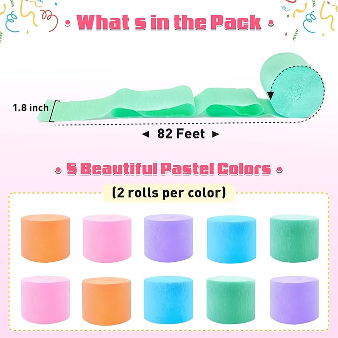 10 Rolls Crepe Paper Streamers, 5 Colors Pastel Streamers Party Decorations for Birthday, Baby Shower, Wedding, Bachelorette, Rainbow Party Backdrop, Kids DIY Crafts