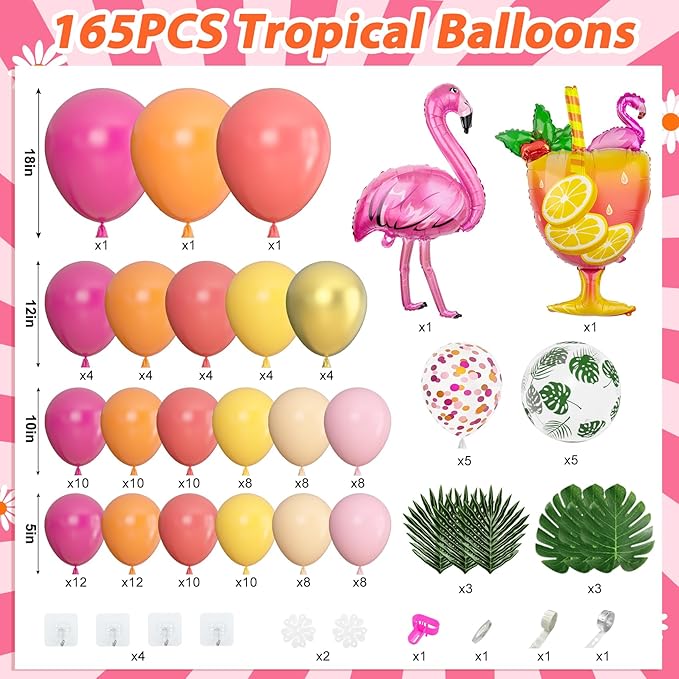 Amandir 165Pcs Tropical Balloon Arch Garland Kit, Sunset Hot Pink Orange Coral Red Yellow Metallic Gold Foil Wineglass Flamingo Balloons for Tropical Birthday Wedding Shower Summer Party Decorations