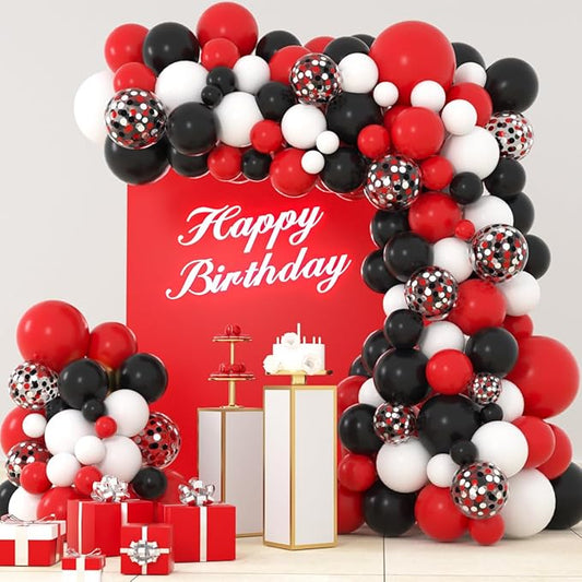 Red Black White Balloon Garland Arch Kit - Red Black Balloons White Balloons Mixed Confetti Balloons for Casino Birthday Retirement Graduations 2025 Party Decorations