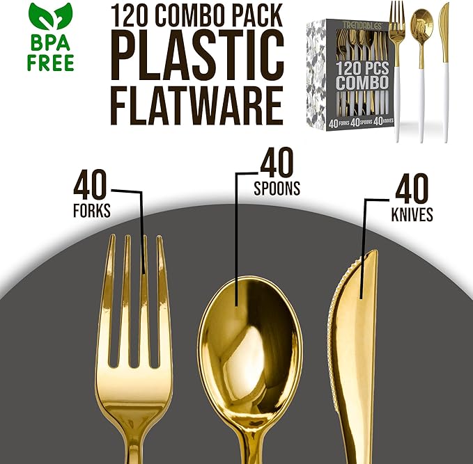 Trendables 120 Pack Disposable Silverware Set - Plastic Cutlery Dinnerware - Includes 40 - Forks - Spoons - Knives - White & Gold Plastic Silverware Utensils Party Set