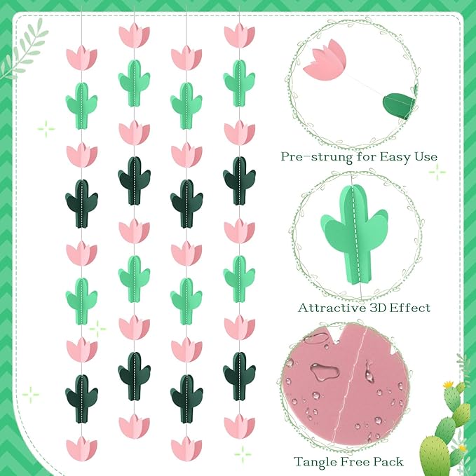 Funrous 6 Pcs Cactus Garlands Banner - 3D Cactus Party Decorations Fiesta Mexican Themed Paper Streamers Desert Plant Hanging Ornaments Backdrop for Cinco De Mayo Supplies Succulents Birthday Decor