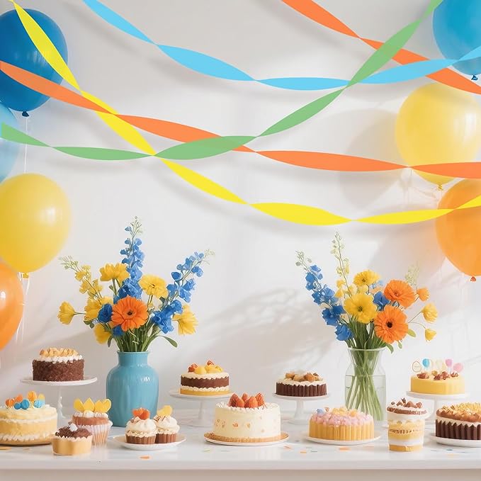 8 Rolls Crepe Paper Streamers, Orange, Yellow, Green and Blue Streamers Party Decorations for Birthday Baby Shower Bridal Shower Wedding Bachelorette Party Boho Decor
