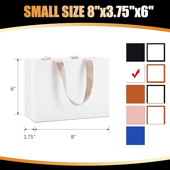 Gift Bags Bulk - 10Pcs 8"x3.75"x6" Small White Kraft Paper Bags With Handles for Shopping, Wedding, Party, Retail