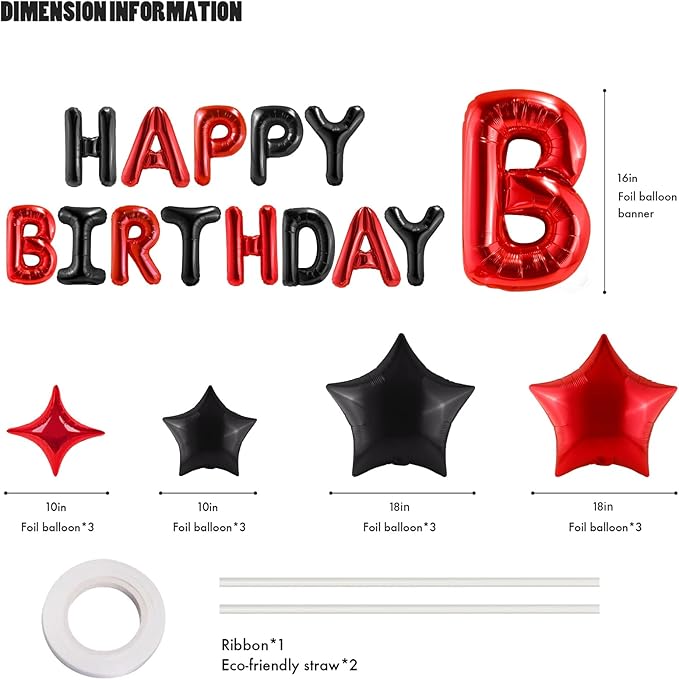 CANREVEL Happy Birthday Banner 13pcs 16 Inch Mylar Foil Letters with 12pcs Star Balloons Birthday Party Decorations for Kids and Adults - 3D Black Red