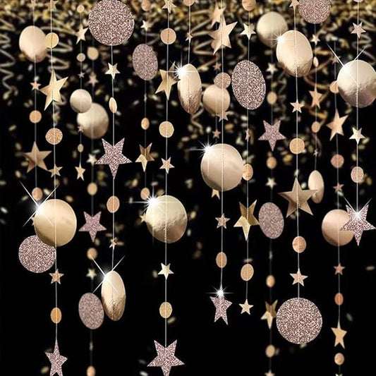 Star and Circle Hanging Garland, 65 feet Champagne Gold Party Decorations Stars Banner Streamer Backdrop for Birthday Baby Shower Christmas New Year Eve Starry Night Theme Party Supplies
