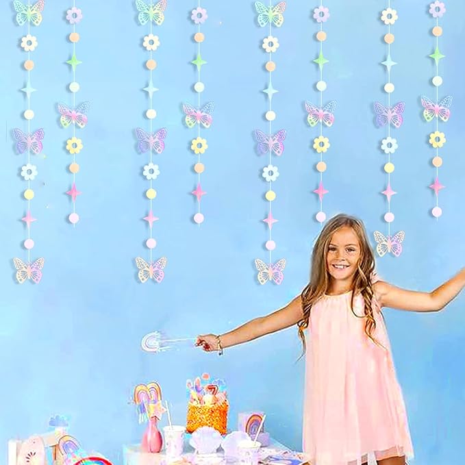 Iridescent Butterfly Girl-Birthday Party-Decorations Garland-Streamers - 52Ft Baby Shower Bachelorette Holographic Hanging Banner Decor,Engagement Garden Classroom Pastel Glitter Backdrop Huglony