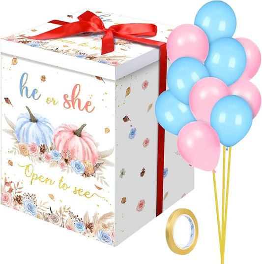 Hungdao Gender Reveal Balloon Box with Ribbon and 10 Pink and Blue Balloons Gender Reveal Games He or She Open to See for Party Decoration 12"x12"x16"(Fall Pumpkin)