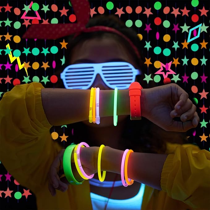 WILLBOND 127ft Glow Neon Party Supplies Set, 6 Colors UV Blacklight Reactive Tape, Neon Paper Garlands Circle Dots Stars Hanging Decorations for Birthday Wedding Glow Party Decorations