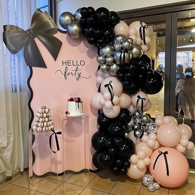HILAVO Pink and Black Balloons Arch Kit Bow Balloon Garland Coquette Bow Balloons Ribbon Pastel Baby Light Pink Black Party Balloon for Coquette Birthday Wedding Baby Shower Bridal Shower Party Decor