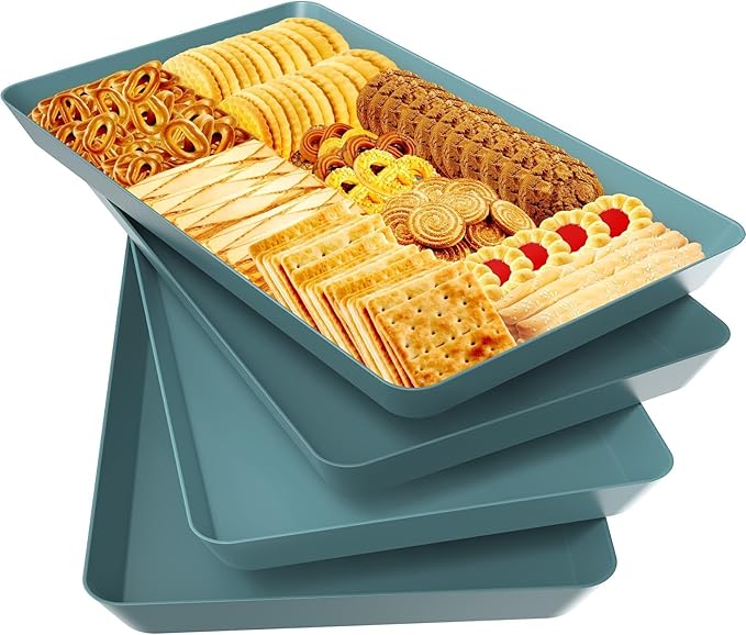 WOWBOX 4 pcs Serving Tray for Entertaining, Serving Platters for Snacks, Fruit, Cookies, Dessert, Reusable Plastic Trays for Serving Food and Pantry Organization in Kitchen & for Parties, (Green)