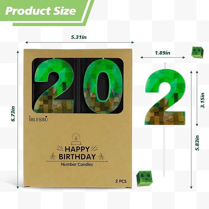 Pixel Birthday Candle, 2.68 Inch Miner Number Candles, Game Themed Candle Birthday Decoration for Pixel Theme Birthday Anniversary Dynamite Video Game Party (Green, 20)