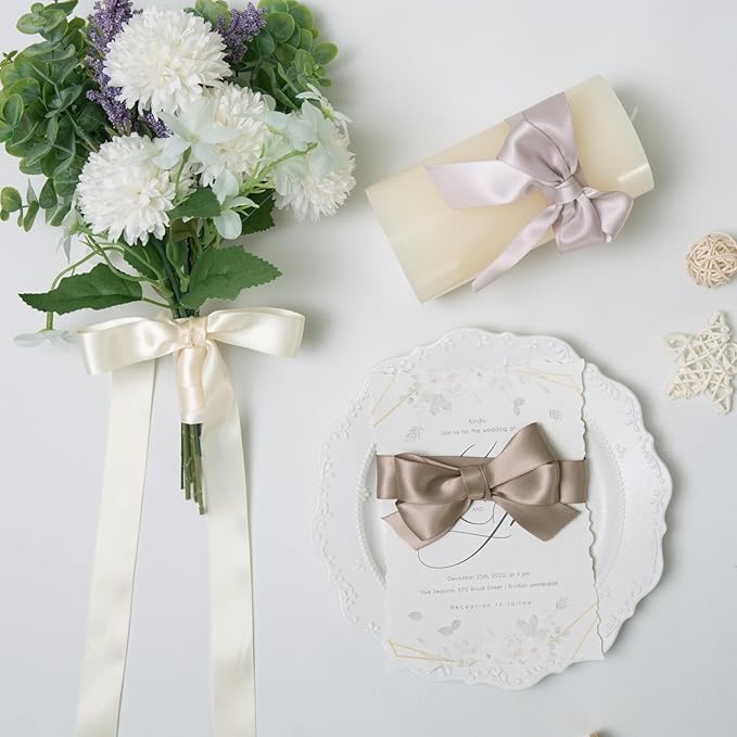 QIANF Champagne Double Face Satin Ribbon 1 Inch x 45 Yards Ivory Fabric Ribbon for Gift Wrapping, Flower Bouquets, Hair Bows Making, Wedding Decoration, Invitation Cards, Christmas (3 Rolls *15Yd)