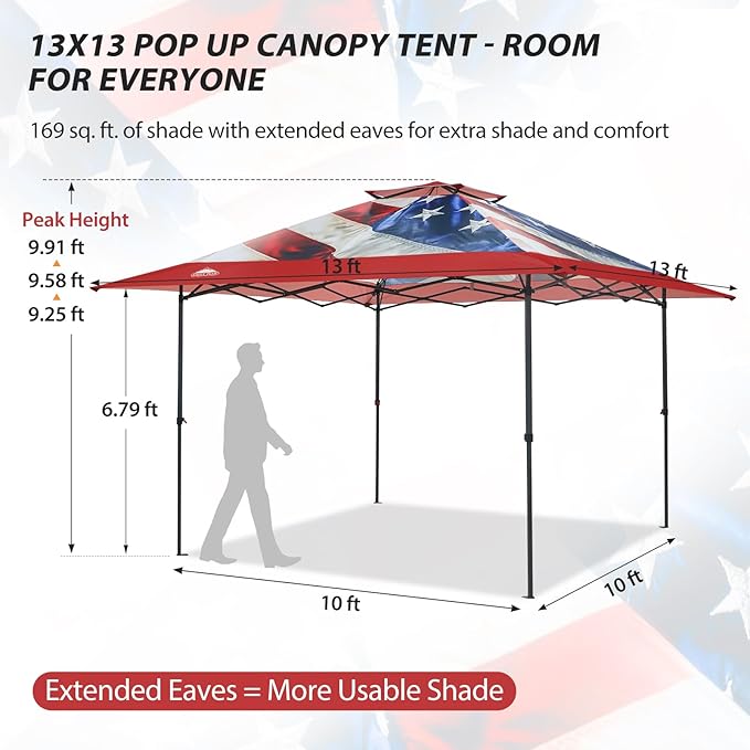 EAGLE PEAK 13x13 Straight Leg Pop Up Canopy Tent Instant Outdoor Canopy Easy Single Person Set up Folding Shelter w/Auto Extending Eaves 169 Square Feet of Shade (Stars and Stripes)