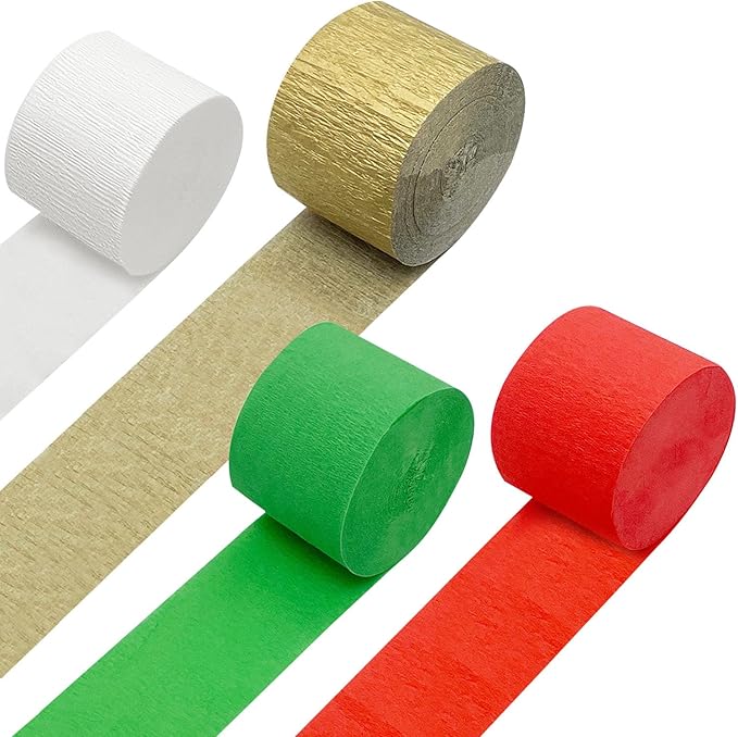 PheiLa Christmas Party Supplies, 4 Rolls Red Green White Gold Crepe Paper Streamers for Wedding Birthday Baby Bridal Shower Home Party Backdrop Decorations, 1.77 Inch x 82 Ft/Roll, 328ft
