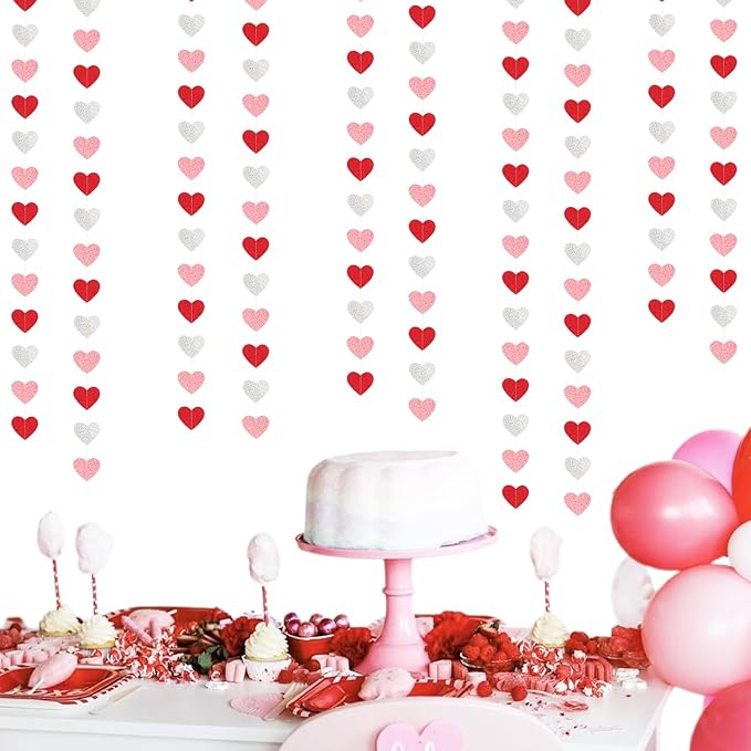 Glitter-Red Silver-Pink Valentines Party-Decorations Heart-Garland - 52ft Galentines Women Streamers Banner,Romantic Special Night Wedding Bachelorette Bridal Shower Birthday Backdrop Decor Burgleda