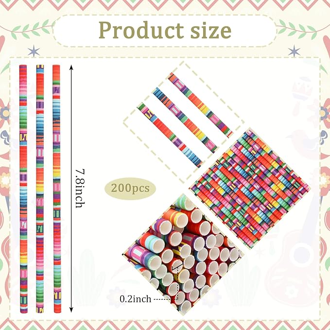 JarThenaAMCS 200Pcs Mexican Fiesta Paper Straws Colorful Mexican Party Drinking Straws Cinco De Mayo Disposable Straw for Mexico Themed Party Supplies