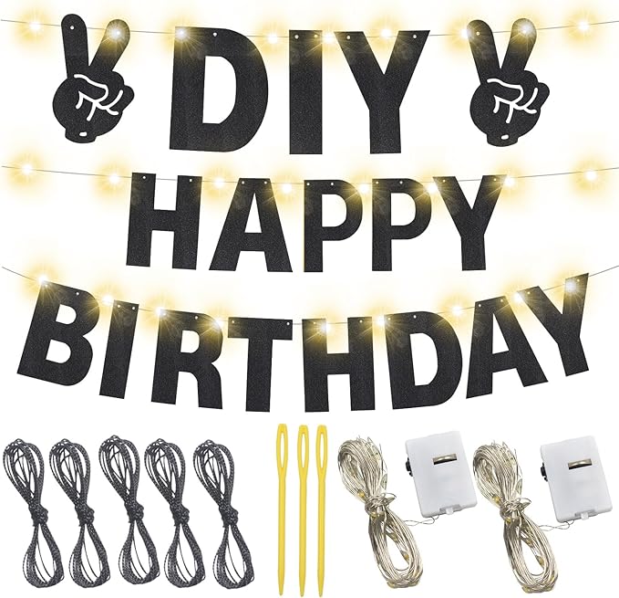 175Pcs DIY Glitter Customizable Banner Kit Happy Birthday Custom Letters Banner 30th Birthday Decorations Anniversary Personalized Banners Decor Death to My 20s Party Supplies (Glitter Black)