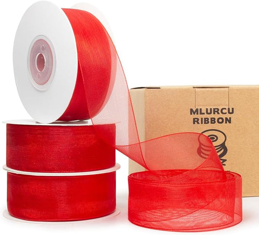 Red Organza Ribbon Red Sheer Ribbon 1 Inch x 75 Yds Clear Red Chiffon Tulle Ribbon Red Ribbon for Gift Wrapping Christmas Tree Flower Bouquet Wedding Invitations Wreaths Bows Crafts, MLU165-4R