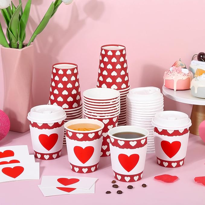 AimFun 50Pcs Halloween Ghost Disposable Coffee Cups with Lids and Sleeves 8oz Ghost Spooky Paper Party Cups Black White Boo Cold Hot Drinking Cups for Birthday Halloween Party Supplies (Hearts)