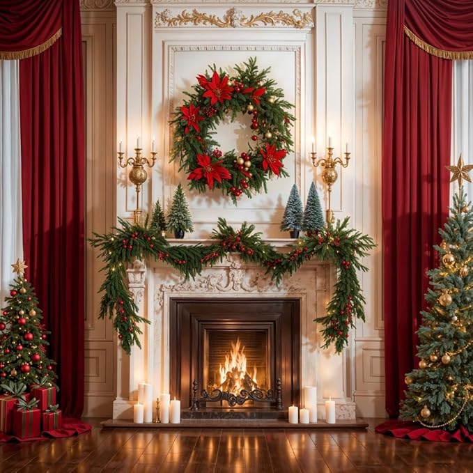 Kate 88ft Christmas Tree Photo Backdrop with Fireplace, Wreath, Red Curtains - 2.52.5m Photography Background for Christmas Photographer Studio Props