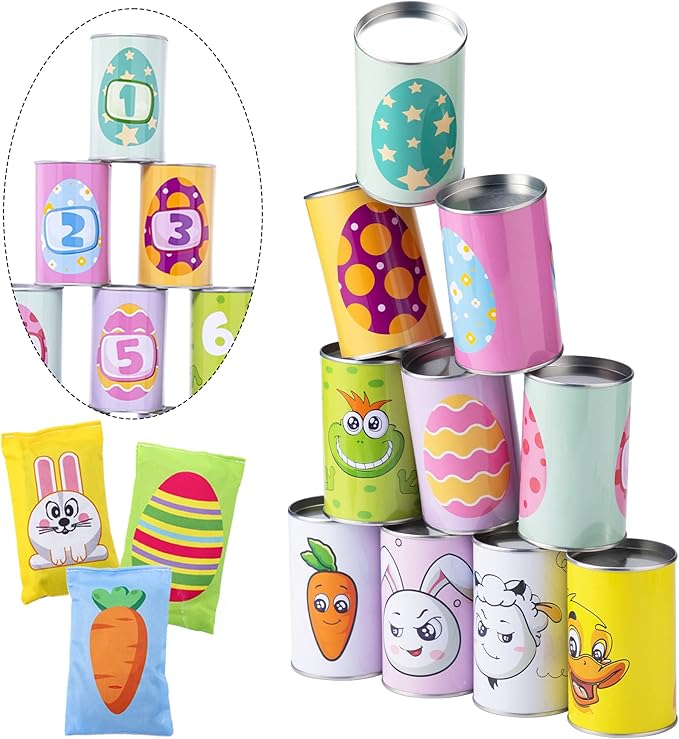 JOYIN 13 Pcs Easter Carnival Knockdown Can Game Set, Bean Bag Toss Game for Kids Adults, Indoor Outdoor Games Supplies, Easter Theme Party Games, Egg Hunt, Family Activities Lawn Yard Game