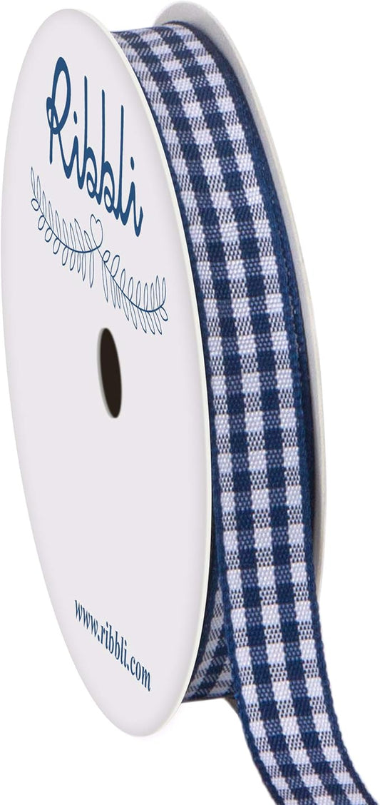 Ribbli Navy and White Gingham Ribbon,100% Polyester Woven Edge,3/8 Inch x 10 Yard,Plaid Ribbon Use for Gift Wrapping,Party Decoration