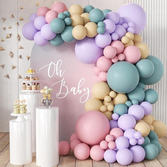 MEBAY Pink Purple Blue Pastel Balloon Arch Kit, 166Pcs Dusty Blue Macaron Purple Pastel Pink Nude Balloons Garland for Birthday Wedding Baby Shower Party Decorations