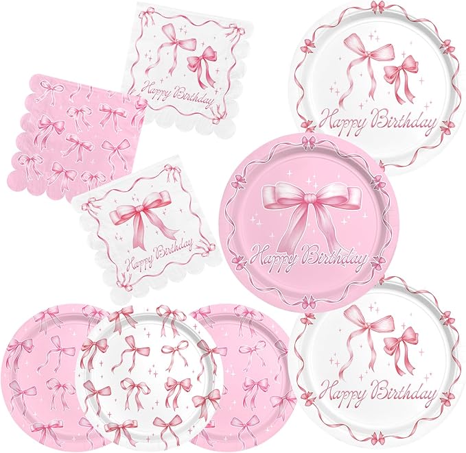 Pink Bow Happy Birthday Decorations Set for 16: Bachelorette Party Supplies Kit with Dinner & Dessert Plates and Napkins - for Women's Tea Birthday Party Decorations