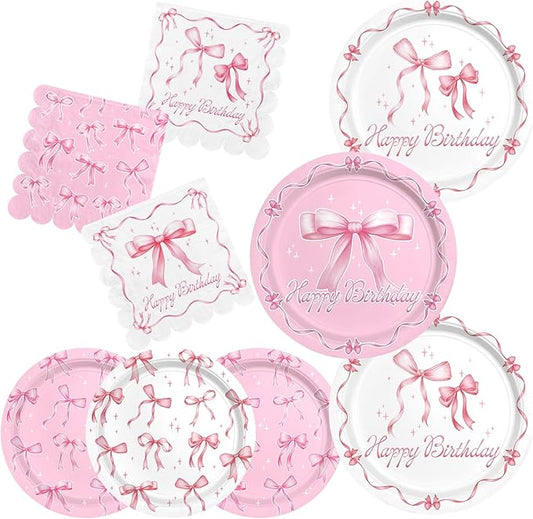 Pink Bow Happy Birthday Decorations Set for 16: Bachelorette Party Supplies Kit with Dinner & Dessert Plates and Napkins - for Women's Tea Birthday Party Decorations