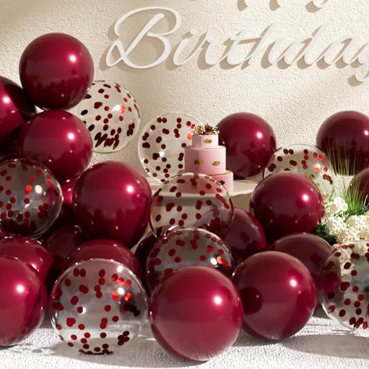 SUWEN Burgundy Balloons and Burgundy Confetti Balloons Set 47PCS Shiny Latex Helium Maroon Balloon for Birthday Graduation Anniversary Party Decorations