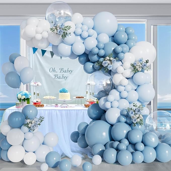 156pcs Dusty Blue Balloon Arch Kit Different Sizes Light blue Baby Blue and White and Clear Latex Balloons Garland Arch Kit for Baby Shower Gender Reveal Wedding Birthday Decorations for Boy Men