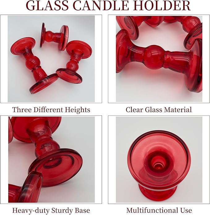 Red Glass Candle Holders Set of 3 Clear Candlestick Holders Vintage Candle Stands for Pillar Taper Candle TeaLight Home Decor Table Centerpieces Christmas, Candleholder Sets with 4 Pcs Taper Candles