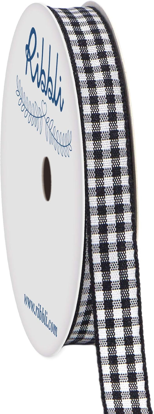 Ribbli Black and White Gingham Ribbon,Polyester Woven Edge,3/8 Inch x 10 Yard,Plaid Ribbon,Buffalo Checked Ribbon (Black 1)