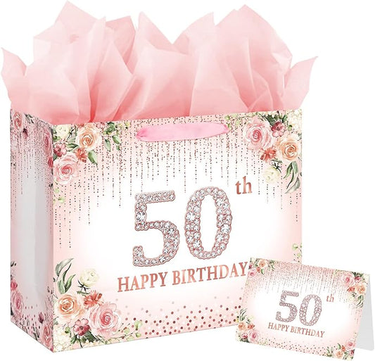 Laidans Large Pink 50th Happy Birthday Gift Bag with Tissue Paper and Card for Women Party (Rose Gold) (50th)
