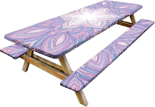 Mandala Picnic Table Cover with Bench Covers Set of 3-Purple White Ethnic Pattern,Elastic Fitted Tablecloth for 6 Ft Tables, Washable Polyester Cover for Camping, Indoor & Outdoor