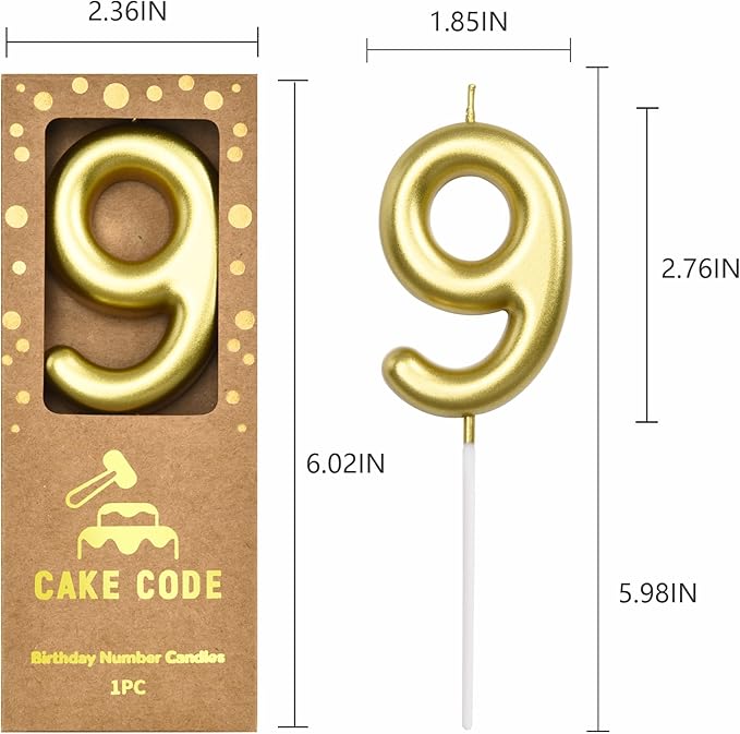 2.76 Inch Classical Gold 9 Number Birthday Candles, Gold and Cake Number Candles for Party Celebration