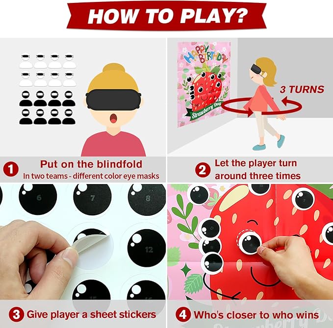 PARTYLOUD Strawberry Party Games, Pin The Eyes on The Strawberry, 1st 2nd Birthday Party Games Berry First Birthday Decorations 20 Guests