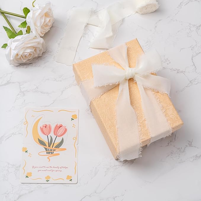 Husfunov Ivory Handmade Chiffon Ribbon,1.5Inch x 3 Rolls Total 24 Yards Ivory Fringe Chiffon Silk Ribbon,for Wrapping Wedding Invitations,Bridal Bouquets,DIY Crafts,Home Decor and More