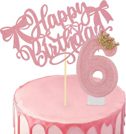 Birthday Candles for Cake, Pink Number Candles, Cake Candles with Cake Topper for Birthday Party Wedding Anniversary Celebrations (6 Candle)