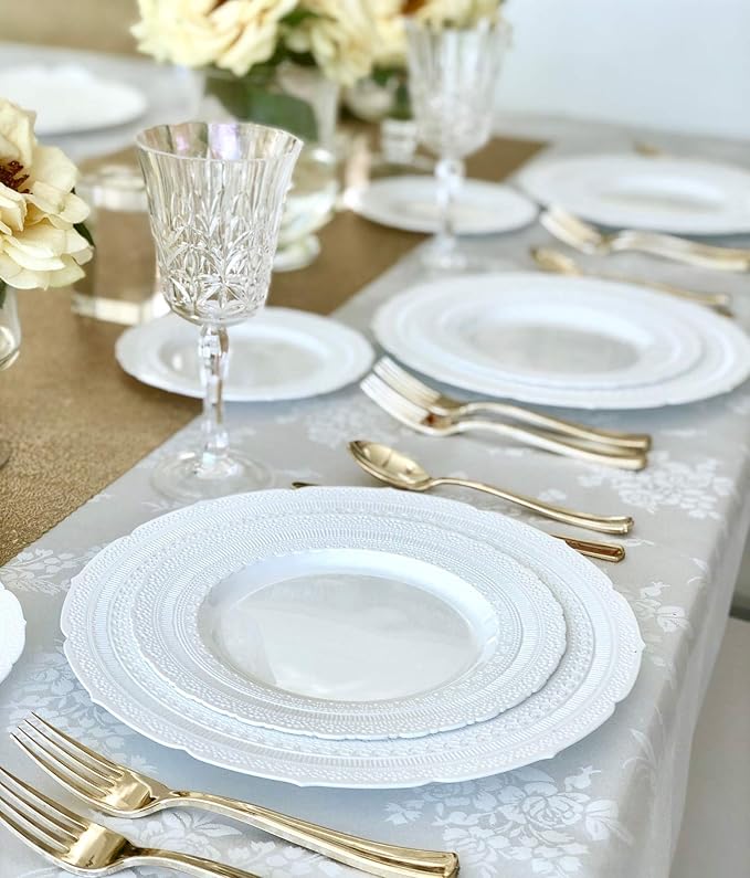 OCCASIONS 50 Disposable Plastic Plates for 25 Guests - Heavy Duty Wedding Party Plate Set, 25 x 11" Dinner + 25 x 8.25" Dessert, Looks Like Real China, Elegant Fancy Reusable, BPA Free (Chateau White)