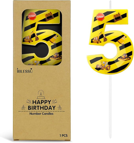 Number 5 Construction Birthday Candle, 2.68 Inch Yellow and Black Striped Candle, Birthday Candles Numbers Construction Cake Topper for Boys Girls, Construction Birthday Party Supplies Decorations