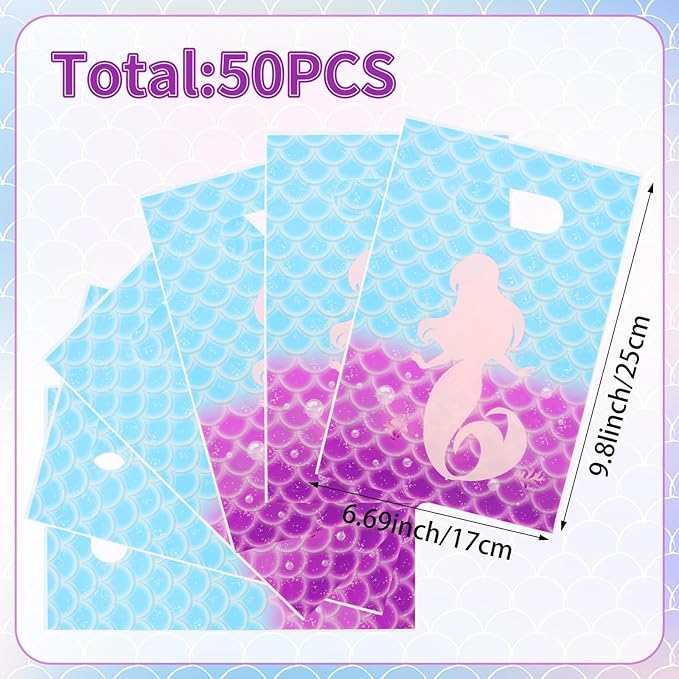Hxezoc 50 Pieces Mermaid Goodie Bags Cute Candy Bag Plastic Treat Bags Mermaid Gift Wrap with Handles Party Favor Bags For Girls Birthday Party Decoration Supplies
