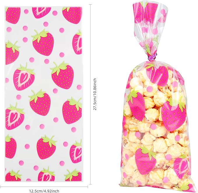 iNINGER 50 Pcs Strawberry Cellophane Treat Bags With Twist Ties, Sweets Gift for Girls Children Party Favors, Small Sweet Bag for Candy, Goodie for Baby Shower Birthday Halloween Decoration