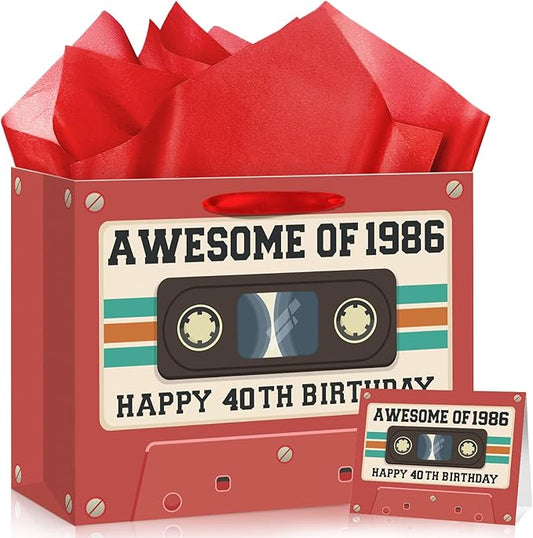 40th Birthday Gift Bag for Men Women Retro Tape 1986 Birthday Party Favor Bags with Wrapping Paper and Card Vintage Cassette 40 Years Old Gift Bag Decorations for Mom, Dad, Friends, Colleagues Gifts