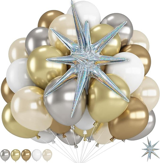 Gold and Silver Balloons, Gold Silver White Metallic Balloons with Explosion Star Nye Helium Mylar Foil Balloon Kit for Wedding Birthday Bridal Baby Shower Engagement Anniversary Party Decorations