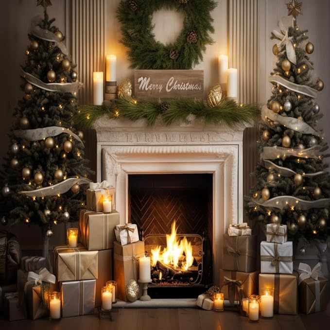 Kate 8×8ft Christmas Backdrop Xmas Indoor Fireplace Christmas Tree Christmas Wreath Decoration Background Photography Studio Props Party Pictures Video