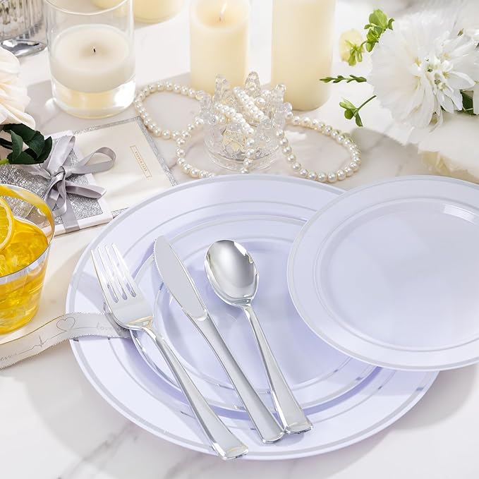 WELLIFE 300 PCS Silver Dinnerware Set for 50 Guests, Silver Plastic Disposable Plates for Party, 50 Dinner Plates, 50 Salad Plates, 50 Cups Forks Knives Spoons for Wedding and Party Anniversary