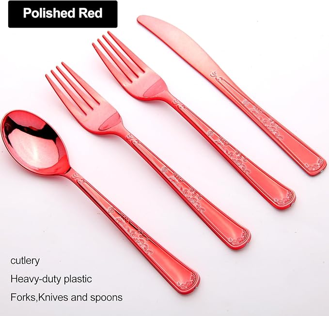 180 Pack Disposable Rose Red Plastic Silverware Contain 60 Forks,60 Spoons,60 Knives, Solid and Durable Plastic Cutlery Utensils Set Perfect for Parties,weddings.