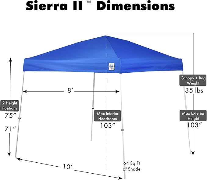 E-Z UP Sierra II Instant Pop Up Outdoor Canopy 10' x 10', Roller Bag and 4 Piece Spike Set, Royal Blue