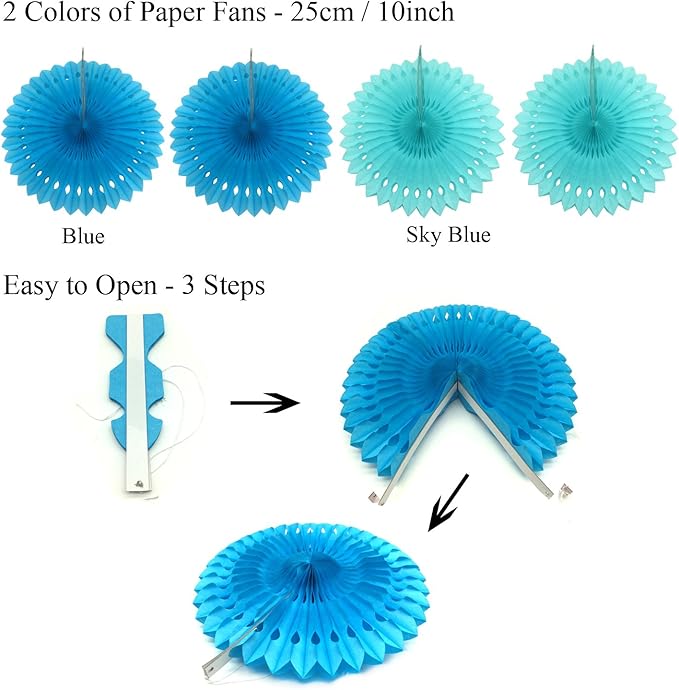 ZERODECO Birthday Decoration Set - Happy Birthday Banner with Fans, Pom Poms, Swirls and Balloons - Blue, Sky Blue and White